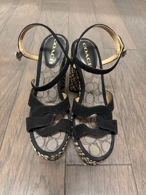 COACH Black Suede Wedge Sandals with Signature Insole